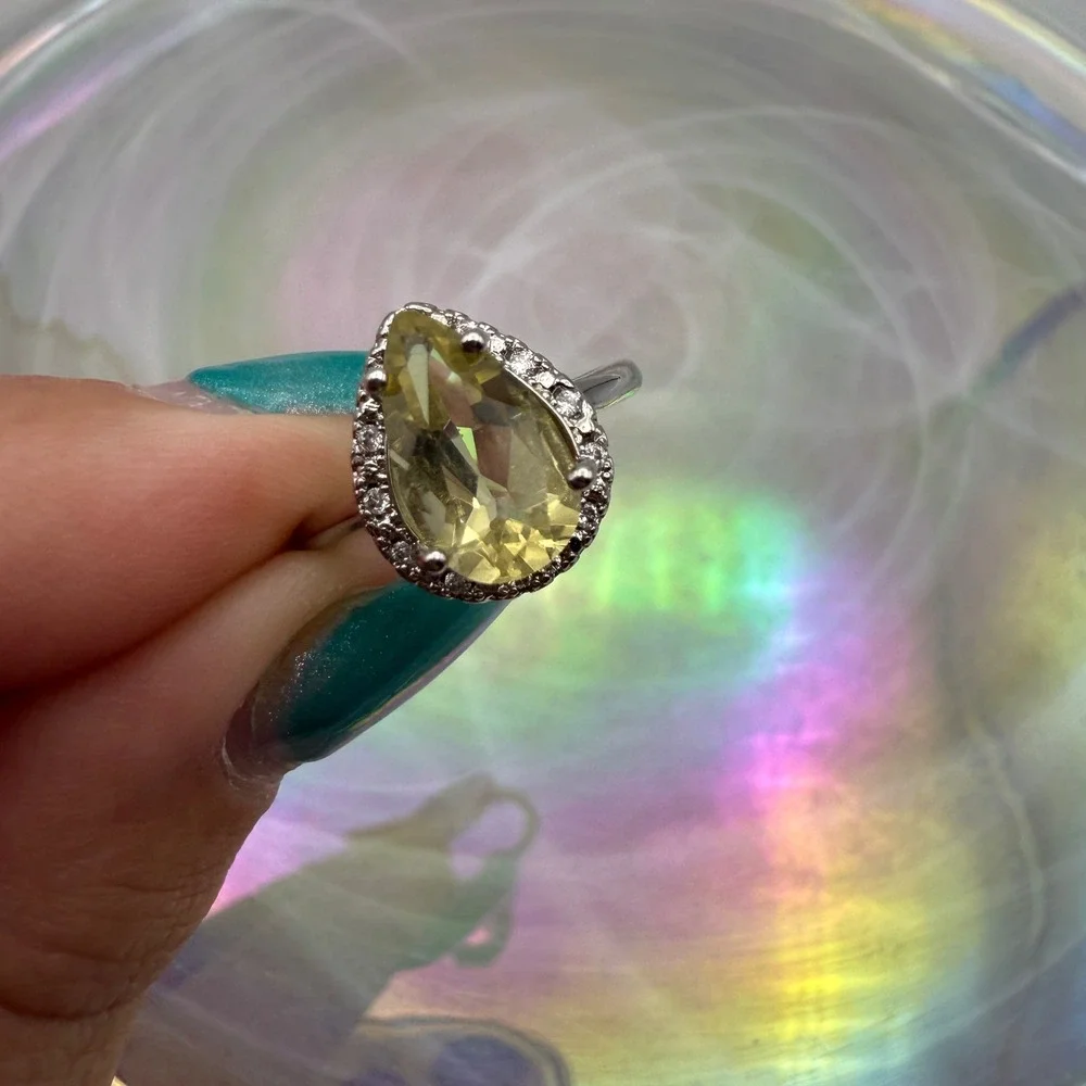 Citrine Yellow Pear Halo Ring Adjustable Silver‎ Tone Fashion Jewelry Women's